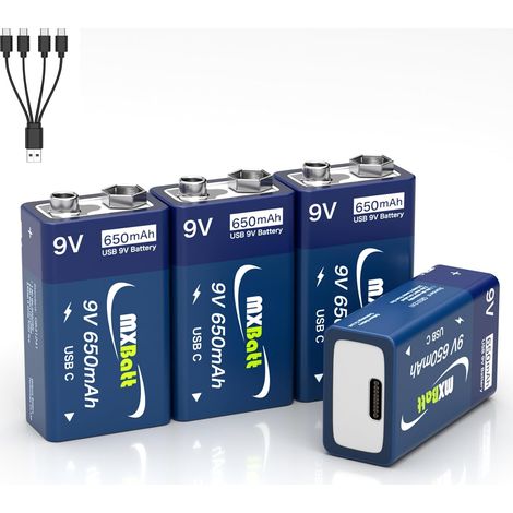 4 Piles 9V Rechargeables Lithium USB-C, 650mAh 800 cycles de charge, Pour détecteurs de fumée, alarmes incendie, détecteurs de monoxyde de carbone, systèmes d’alarme (1/5)