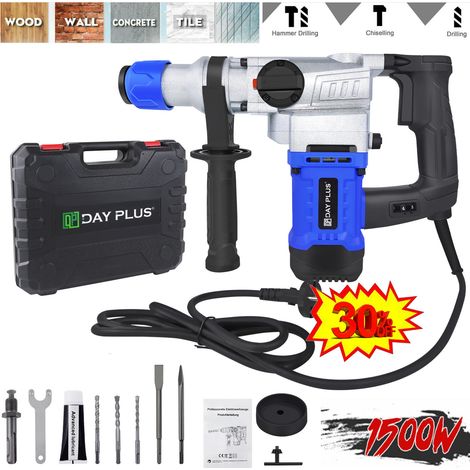 Day Plus – Marteau perforateur SDS plus 1500W – 4 fonctions : perçage, burinage, vitesse réglable 0-800 tr/min – Énergie d'impact 6J – Pour béton et acier (1/5)