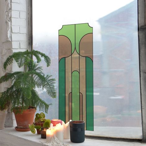 Sticker Autocollant Electrostatique Vitrail Géométrique Vert & Marron 67x23cm - Décoration Vitre Intérieure & Extérieure (1/2)