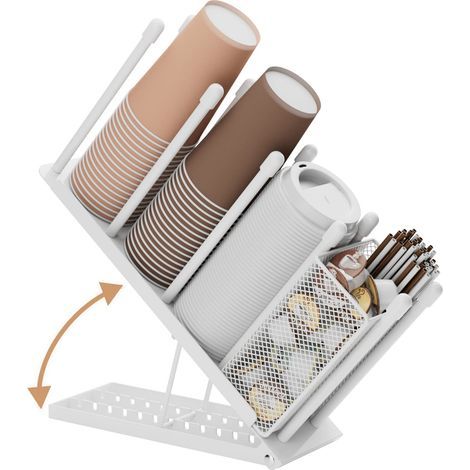 Support de tasse et couvercle – Porte-gobelet réglable à 4 compartiments jetables avec paille de café pour station de café, bar, comptoir, salle de pause, métal blanc (1/4)