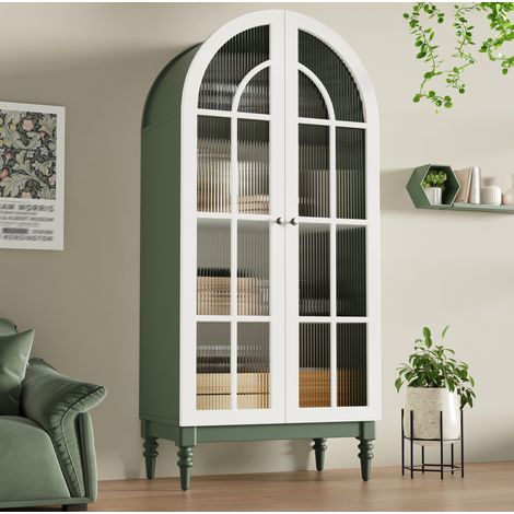 Meuble vitrine 76x38,5x165 cm pour salon, portes vitrées striées, 3 niveaux, MDF et métal, vert mat (1/5)
