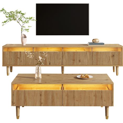 Ensemble mobilier LED moderne : meuble TV 4 portes & table basse 2 tiroirs – design bois doré, éclairage LED, structure ondulée & façade acrylique pour salon élégant. (1/5)