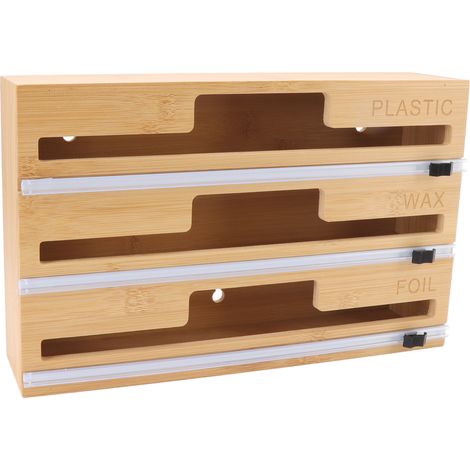 Distributeur de film alimentaire avec coupe-film 3 en 1, boîte de rangement pour papier aluminium et papier ciré, idéal pour les tiroirs de cuisine. (1/5)