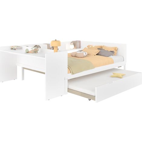 CAIziLit plat, lit en bois, 140x200cm, avec bureau, avec lit gigogne, lit double (sans matelas), avec étagères, pin + panneau de particules, blanc (1/5)