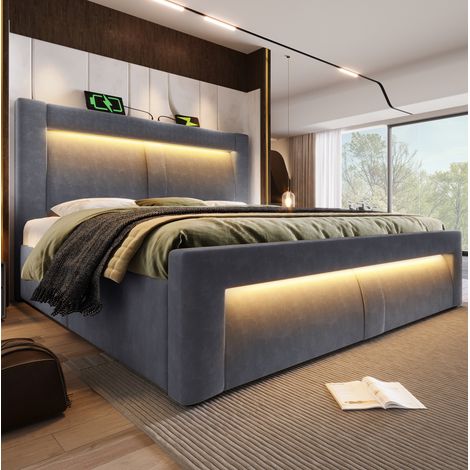 letto contenitore 160x200 con LED USB e materasso grigio HAVRYA (1/5)