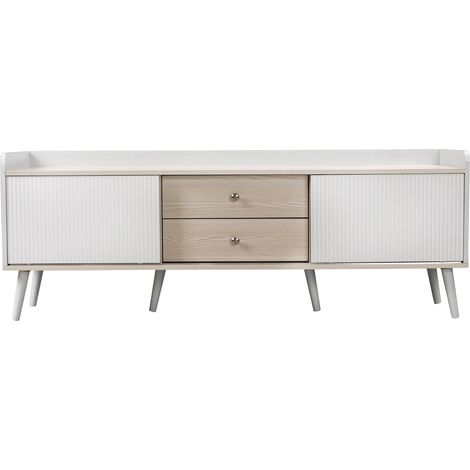 Meuble TV Avec 2 Tiroirs,2 Portes Coulissantes,texture Exquise,blanc Et Bois Naturel,h58/l160/p40 Cm (1/5)
