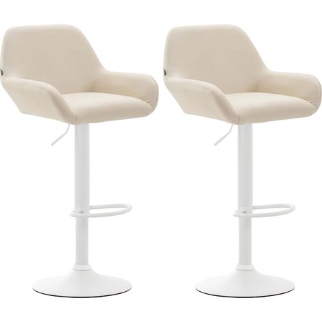 Juego de 2 taburetes de bar con reposapiés y reposabrazos en piel sintética color crema base de trompeta de metal blanco 100006056