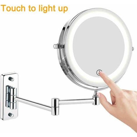 Feelglad Wand-Schminkspiegel, 10-fache doppelseitige LED-Vergrößerung, 360° drehbarer und ausziehbarer Kosmetikspiegel, batteriebetrieben (Batterie nicht enthalten), Chrom, 17,8 cm (7 Zoll) (1/4)