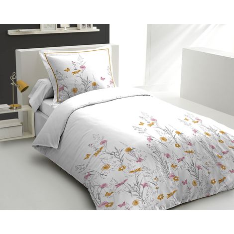 Parure de Couette 140x200 cm 2 pièces Percale de Coton Douce Housse + taie Blanc Jaune Modèle (1/5)