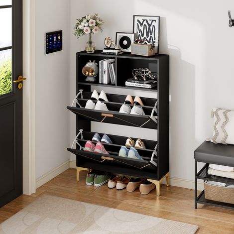 Schuhschrank 80x25x117 cm Schwarz MDF mit Klapptüren, halboffenen Ablagefächern und erhöhtem Boden (1/5)