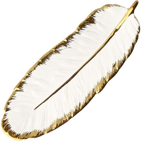 Plateau Feuille Plume : Plat à bijoux en céramique, Plateau de service décoratif (Fruits/En-cas/Desserts) (Blanc, Petit) (1/5)