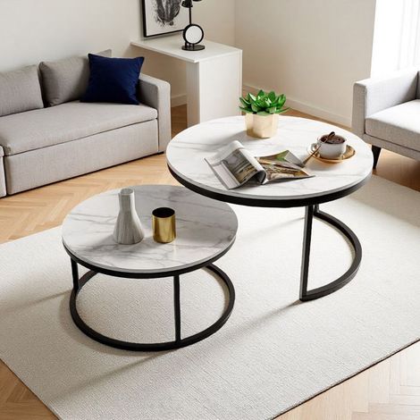 Couchtisch Wohnzimmer - Set von 2 - Rund - Metall - Weiß und Schwarz