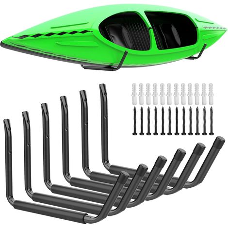 Estante de pared para guardar kayaks con ganchos, apto para canoas, tablas de surf, esquís, tablas de paddle surf y escaleras. (1/5)