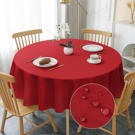 Nappe ronde 180cm rouge lavable aspect lin hydrofuge résistant aux rayures