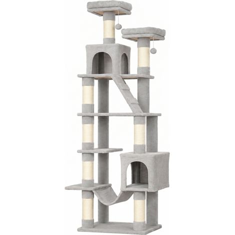 Pour 1 à 3 chats : accès facile par échelle, arbre à chat multi-étages 204 cm avec griffoirs, gris clair (1/5)