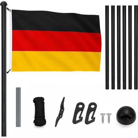 Jiubiaz Mástil negro de aluminio, 6 elementos encajables, bandera alemana y manguito de suelo (1/5)