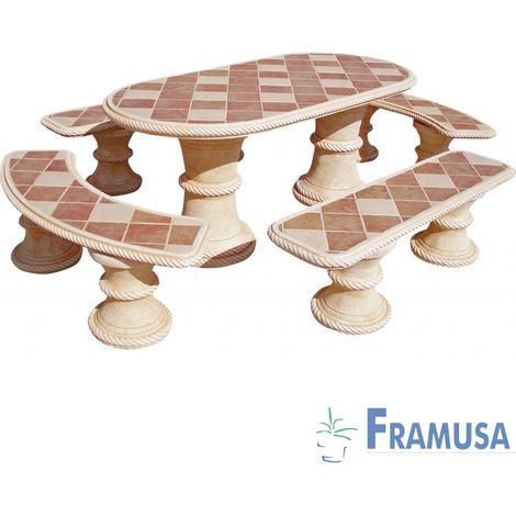 CONJUNTO COMEDOR PIEDRA OVALADO JARDIN SAUCE GRES CON AZULEJOS OCRE