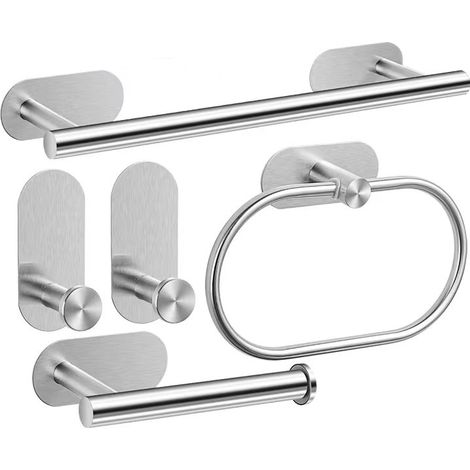 Badezimmer-Accessoire-Set aus Edelstahl (ohne Bohren): Handtuchhalter, Abfalleimer, Handtuchstange und Kleiderhaken, matt schwarz und silber, selbstklebend (1/5)