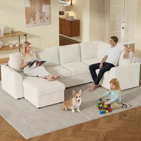Canapé d'angle en L 282cm en velours côtelé avec accoudoirs, 1 tabouret multifonctionnel mobile,mousse haute densité,canapé 6 places moderne,beige