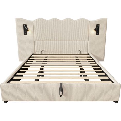 Cama canapé doble 180x200 en terciopelo acanalado con luz de lectura y USB-C, beige MODENUIT (1/5)
