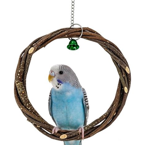 Perchoir Circulaire en Bois Naturel pour Oiseaux de Cage Support pour Grimper Mordiller Anneau Suspendu avec Clochette Chaîne en Fer Verte Perroquets Ondulées Calopsittes Cacatoès Conures (1/5)