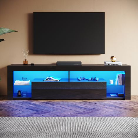 SONNI Modern TV Schrank mit LED-Lichtern, Offenes Glasregal und Herunterklappbarem Türfach, Geeignet für Wohnzimmer und Schlafzimmer, Schwarz, 1800 x 350 x 505 mm (1/5)