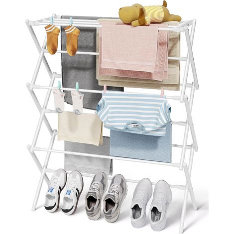 Porte - linge pliable à trois niveaux 37,4 pouces de haut avec pieds antidérapants pour une utilisation intérieure et extérieure, économisez de l'espace, cadre en métal, 105 76 37, blanc (1/5)