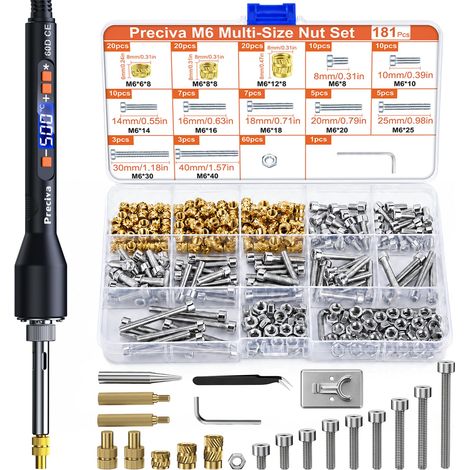 M6 Insert Fileté,Threaded Inserts Fer À Souder Pour Inserts Taraudés 60W 220-450°C, Threaded Inserts Avec 60 Écrous+60Vis+60Capuchons+60Rondelles (1/5)