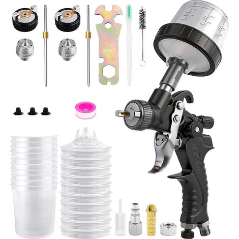 Mini pistolet à peinture HVLP avec 2 buses de 0,8/1,0 mm et 10 gobelets jetables de 200 ml, pistolet à peinture léger à air comprimé, pour meubles, murs, clôtures, portes, bricolage (1/5)
