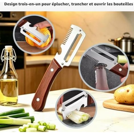 Lot de 2 éplucheurs à légumes, éplucheur multifonction en acier inoxydable avec manche en bois, couteau éplucheur 3 en 1 avec ouvre-bouteille, idéal pour trancher les oignons verts, les pommes de terr (1/3)