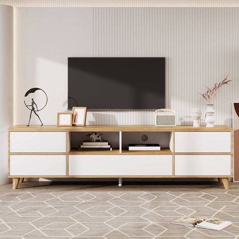 Meuble TV 175 cm, banc TV avec 5 portes, 2 niches ouvertes et passe-câbles, en MDF, pour salon, blanc (1/5)