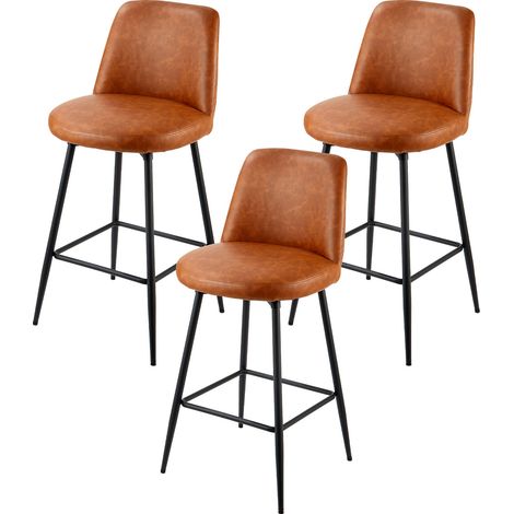 Mophorn Set of 3 Counter Height Swivel Bar Stools, 69cm Modern PU Leather Chairs with Backrest and Metal Legs, Armless Design for Kitchen and Dining Room, Brown (1/5)