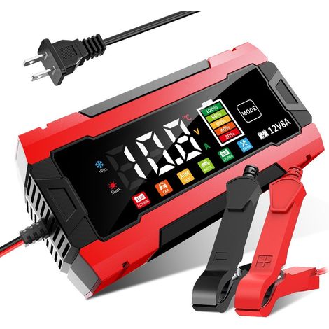 Écran couleur 12V 8A (rouge)Chargeur de batterie 12 V 8 A pour voiture, chargeur 12 V, chargeur de batterie pour moto, chargeur lithium-fer-phosphate, compatible avec les batteries lithium-acide au pl (1/4)