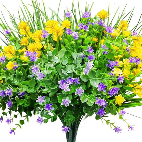 Fleurs Artificielles - Résistantes Aux UV - Pour Extérieur - 9 Pièces - Jaune Violet Vert - Longueur 30 À 40 Cm - Largeur Déployée 10 À 16 Cm (1/5)
