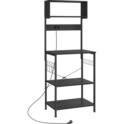 Scaffale da Cucina 60x42x153 cm con Multipresa per Microonde con Ripiani e Ganci Stile Industriale Legno e Acciaio Nero (1/5)