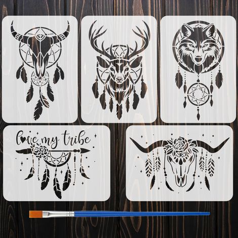 5Pcs Pochoir de Peinture Animaux et Attrape Rêves Avec Pinceau 21x29.7cm Modèle de Dessin de Style Amérindien Modèle de Thème Fantastique pour Bricolage (1/5)