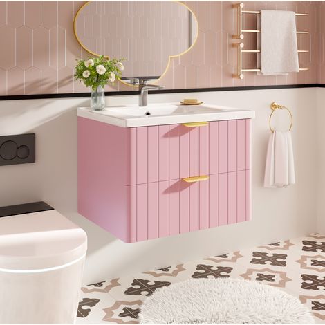 Mobile bagno sospeso con lavabo in ceramica rosa MDF 60,5 cm OKWISH (1/5)