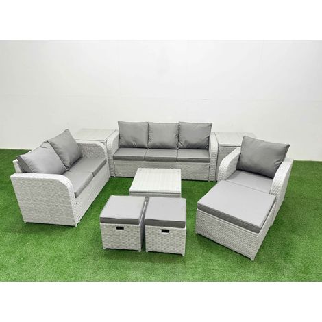 Fimous Patio PE Wicker 9 Seater Outdoor Rattan Furniture Sofa Sets with Square Coffee Table Reclining Chair Loveseat Sofa 3 Seater Sofa Stool 2 Side Table Light Grey (1/4)