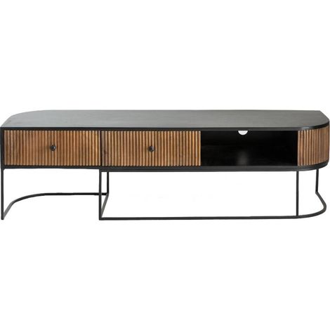Made In Meubles – Meuble TV arrondi en bois de manguier et métal noir – Dimensions 46x160x40 cm – 2 tiroirs et compartiment ouvert pour rangement (1/5)