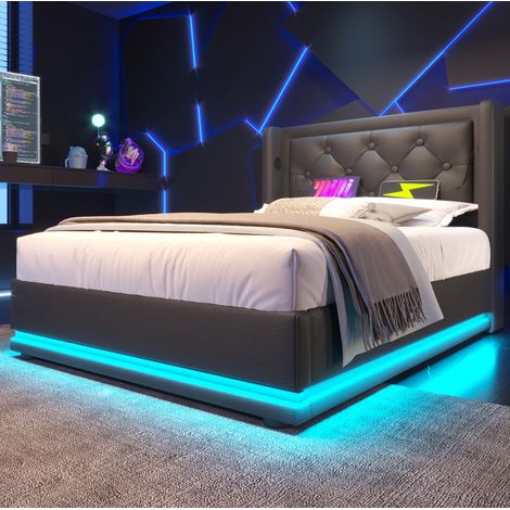 Bett 90x200 cm modern gepolstert in Schwarz PU mit Kopfteil, Stauraum, LED und USB/Type-C (1/5)