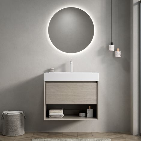 Mobile bagno 70x46x60cm Vasca resistente antigraffio Foro rubinetto 35mm Chiusura soft Salvaspazio Rovere chiaro bianco Resina (1/5)