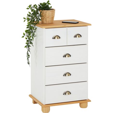 Idimex – Commode chambre Colmar 49 cm – Bois massif blanc et brun – 4 tiroirs sur rails plastiques – Poignées en métal bronze