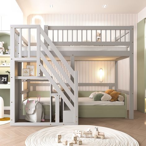 Lit enfant 90x200 cm en bois massif, sommier à lattes inclus, escalier avec rangements, garde-corps haut, gris, sans matelas (1/5)