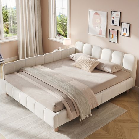 Cama tapizada infantil 140x190 cm de terciopelo beige con cabecero y barandillas (1/5)