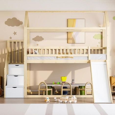Lit mezzanine enfant - KOMHTOM - 90x200 cm - Bois massif - Toboggan - Sommier à lattes (1/5)
