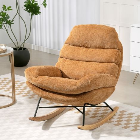 Fauteuil à bascule rembourré jaune avec piètement en acier et patins en bois DESVIAE (1/5)
