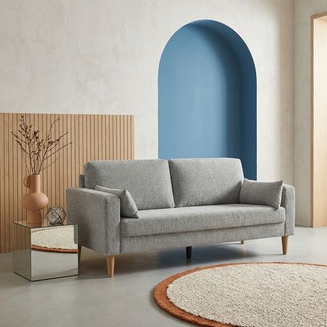 Canapé bois d'hévéa et tissu chenille 3 places - Bjorn Chenille Gris clair (1/5)