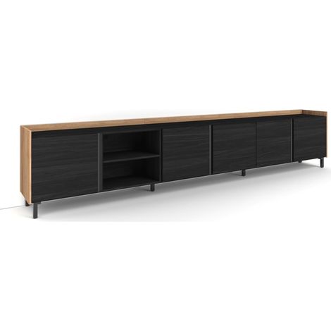 Skraut Home - Mueble TV, Televisión, Muebles de salón, almacenaje, 309x35x61cm, Para TV hasta 80", Diseño industrial, Estilo Moderno, Negro y roble (1/5)