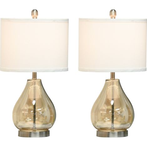 Set de 2 lampes de table en verre et acier avec abat-jour en lin, couleur ambre, Ø30 x 56 cm (1/5)