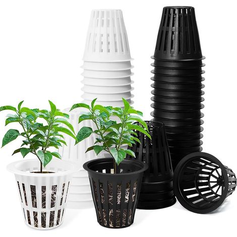 50 PCS Pots de Culture Hydroponique Perforés Plastique Pot Hydroponique Maille Aération Maximale pour Semis/Boutures/Germination, Noir Blanc